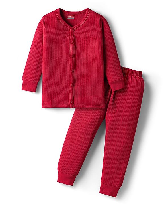 Babyhug Knit Full Sleeves Solid Color Thermal Vest & Pant Set - Red