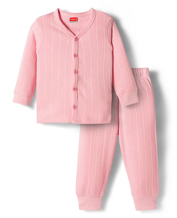 Babyhug Knit Full Sleeves Solid Front Open Thermal Set - Pink