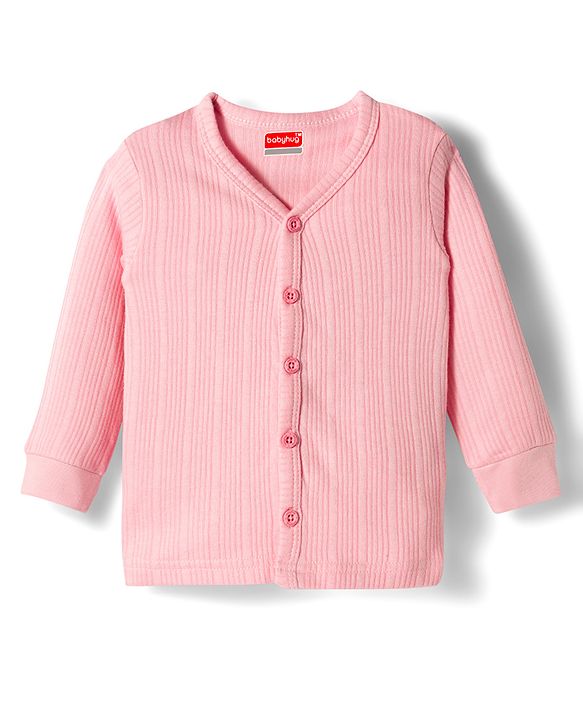 Babyhug Knit Full Sleeves Solid Front Open Thermal Set - Pink