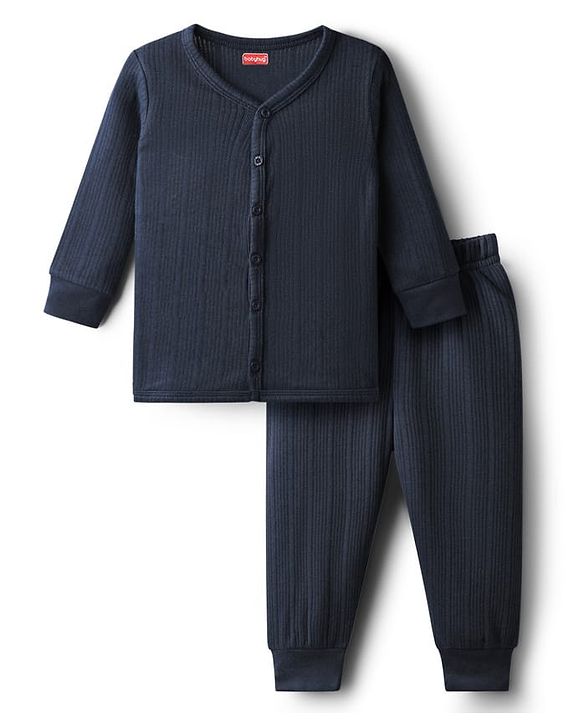 Babyhug Knit Full Sleeves Solid Color Front Open Thermal Vest & Pant Set - Navy Blue