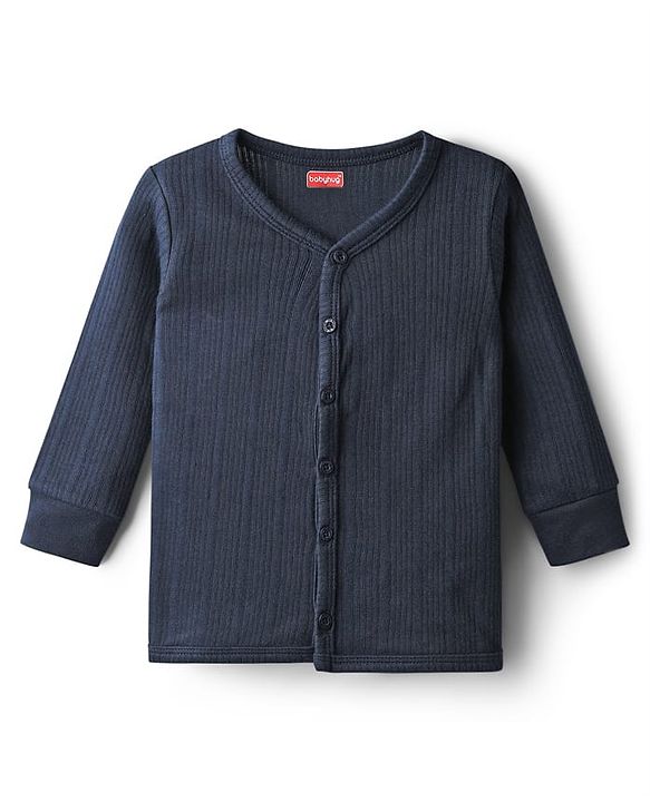 Babyhug Knit Full Sleeves Solid Color Front Open Thermal Vest & Pant Set - Navy Blue