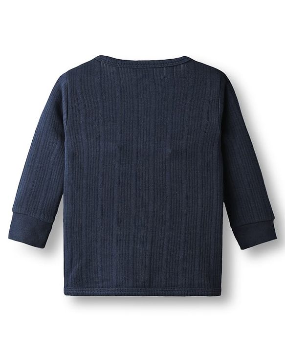 Babyhug Knit Full Sleeves Solid Color Front Open Thermal Vest & Pant Set - Navy Blue