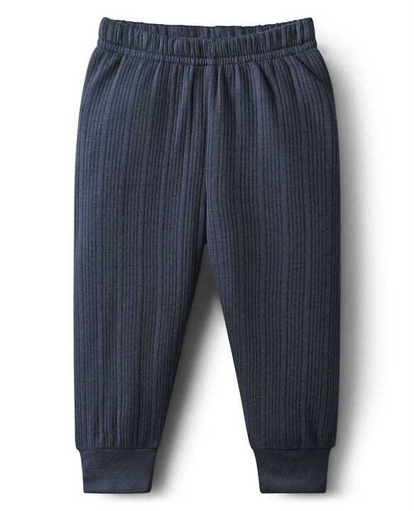 Babyhug Knit Full Sleeves Solid Color Front Open Thermal Vest & Pant Set - Navy Blue