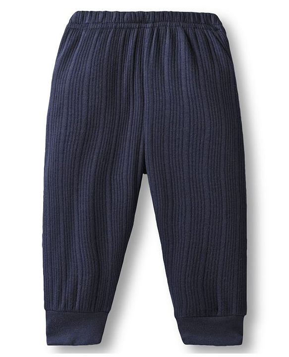 Babyhug Knit Full Sleeves Solid Color Front Open Thermal Vest & Pant Set - Navy Blue