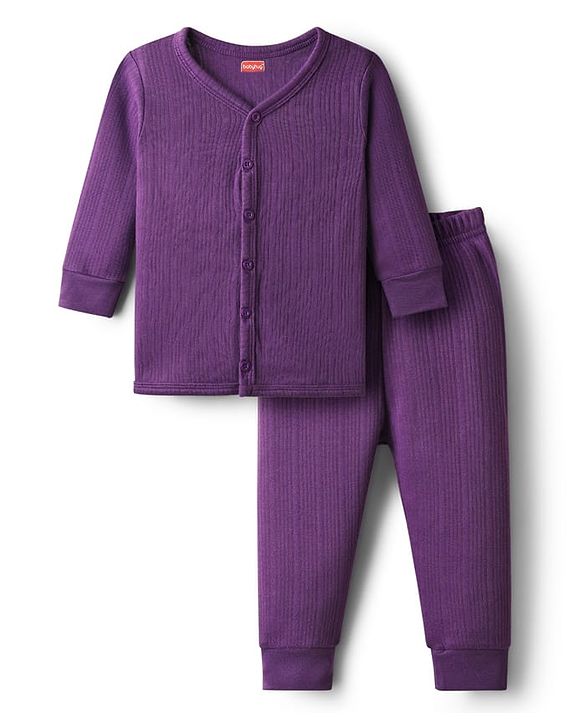 Babyhug Knit Full Sleeves Solid Color Front Open Thermal Vest & Pant Set - Purple