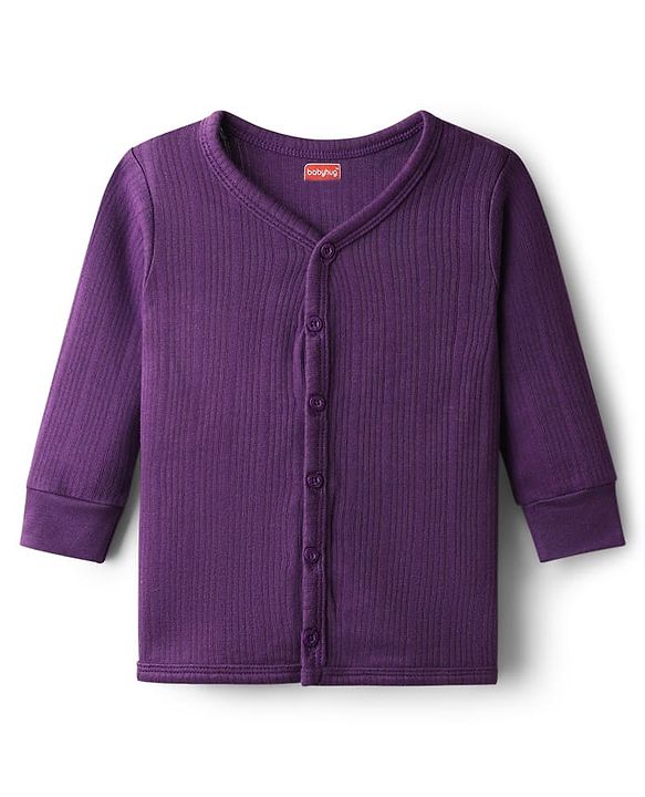 Babyhug Knit Full Sleeves Solid Color Front Open Thermal Vest & Pant Set - Purple