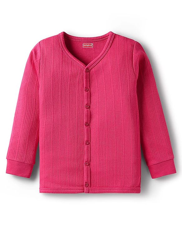 Babyhug Cotton Knit Full Sleeves Solid Coloured Front Open Thermal Inner Wear Set - Dark Pink