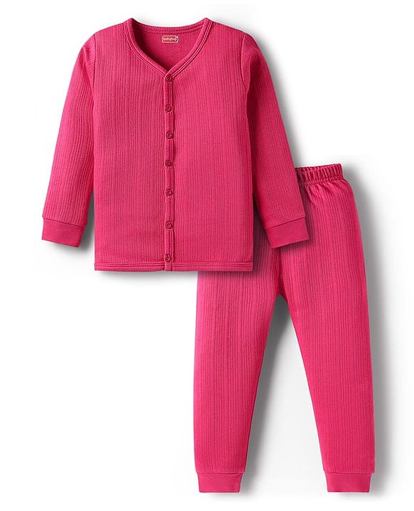 Babyhug Cotton Knit Full Sleeves Solid Coloured Front Open Thermal Inner Wear Set - Dark Pink