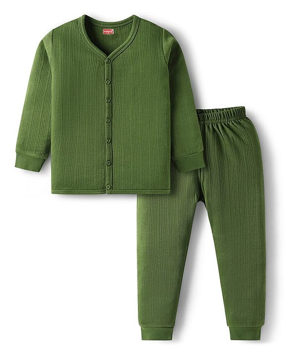Babyhug Knit Full Sleeves Solid Front Open Thermal Set - Olive Green