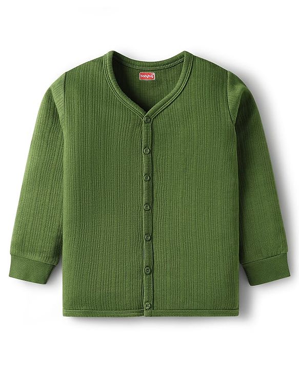 Babyhug Knit Full Sleeves Solid Front Open Thermal Set - Olive Green