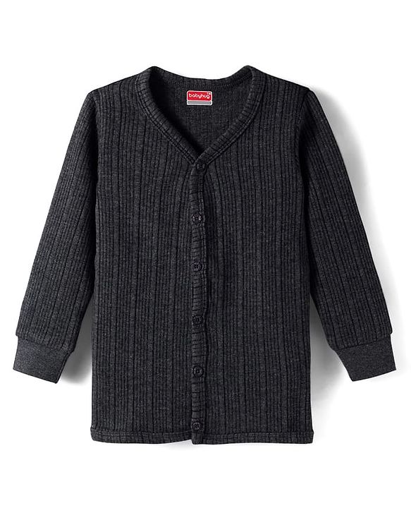 Babyhug Cotton Knit Full Sleeves Front Open Solid Colour Thermal Vest - Grey