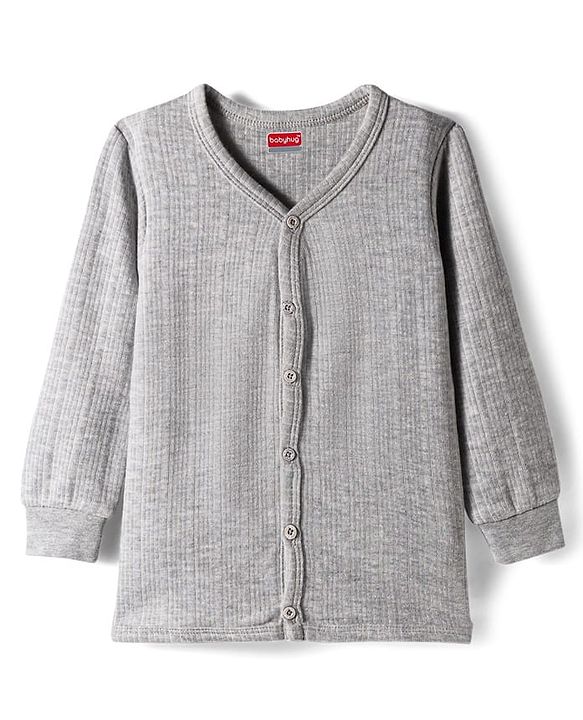 Babyhug Cotton Knit Full Sleeves Front Open Solid Colour Thermal Vest - Light Grey