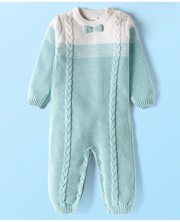 Babyhug Cotton Knit Full Sleeves Winter Wear Romper With Cable Knit Design & Bow Applique - Light Blue