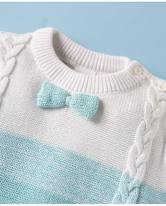 Babyhug Sweater Knit Full Sleeves Winter Wear Romper With Cable Knit Design & Bow Applique - Light Blue