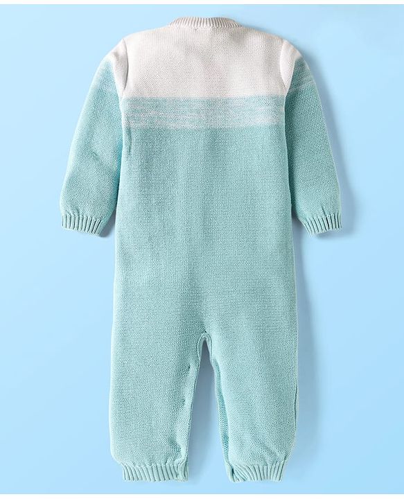 Babyhug Sweater Knit Full Sleeves Winter Wear Romper With Cable Knit Design & Bow Applique - Light Blue