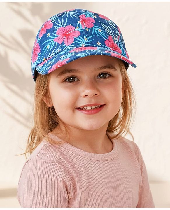 Babyhug Cotton Woven Cap With Floral Print Navy Blue - Diameter 15 cm