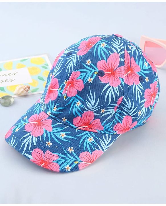 Babyhug Cotton Woven Cap With Floral Print Navy Blue - Diameter 15 cm