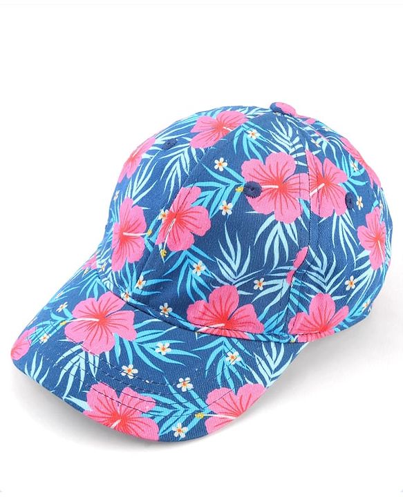 Babyhug Cotton Woven Cap With Floral Print Navy Blue - Diameter 15 cm