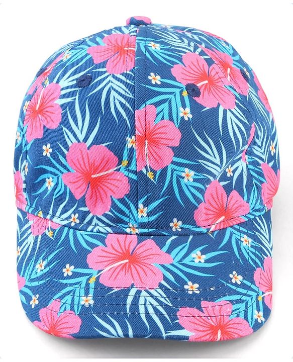 Babyhug Cotton Woven Cap With Floral Print Navy Blue - Diameter 15 cm