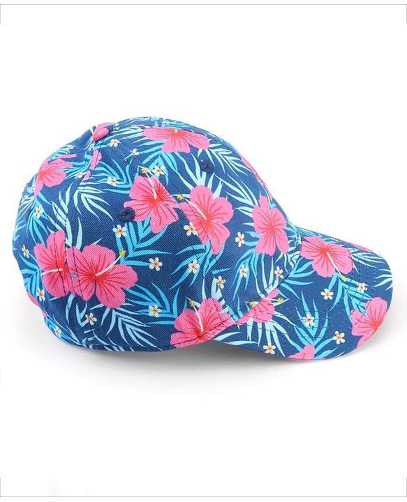 Babyhug Cotton Woven Cap With Floral Print Navy Blue - Diameter 15 cm