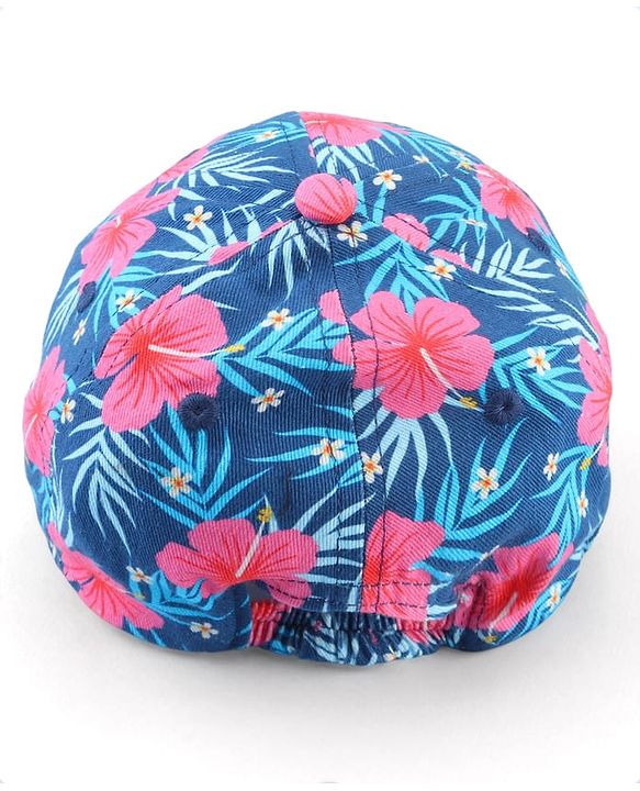 Babyhug Cotton Woven Cap With Floral Print Navy Blue - Diameter 15 cm