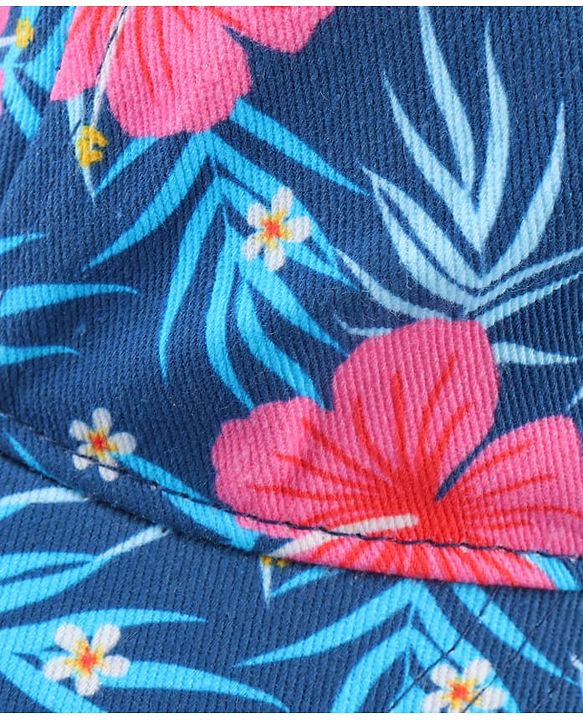 Babyhug Cotton Woven Cap With Floral Print Navy Blue - Diameter 15 cm