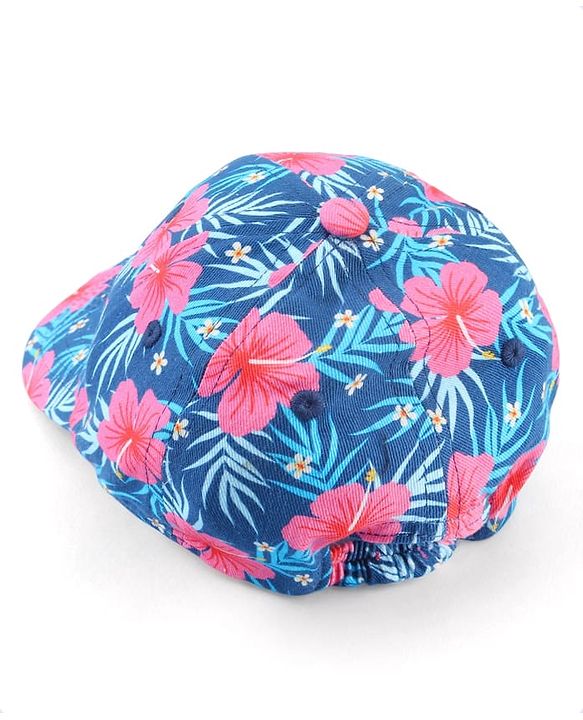 Babyhug Cotton Woven Cap With Floral Print Navy Blue - Diameter 15 cm