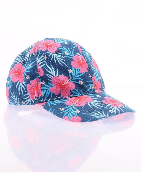 Babyhug Cotton Woven Cap With Floral Print Navy Blue - Diameter 15 cm