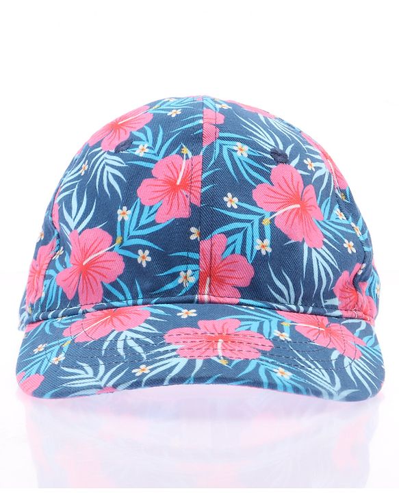 Babyhug Cotton Woven Cap With Floral Print Navy Blue - Diameter 15 cm