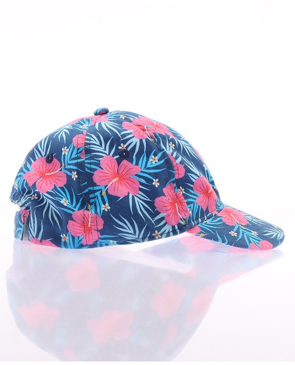 Babyhug Cotton Woven Cap With Floral Print Navy Blue - Diameter 15 cm