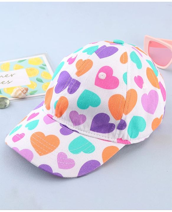 Babyhug Cotton Woven Cap With Heart Print White - Diameter 17 cm