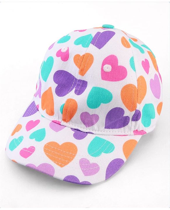 Babyhug Cotton Woven Cap With Heart Print White - Diameter 17 cm