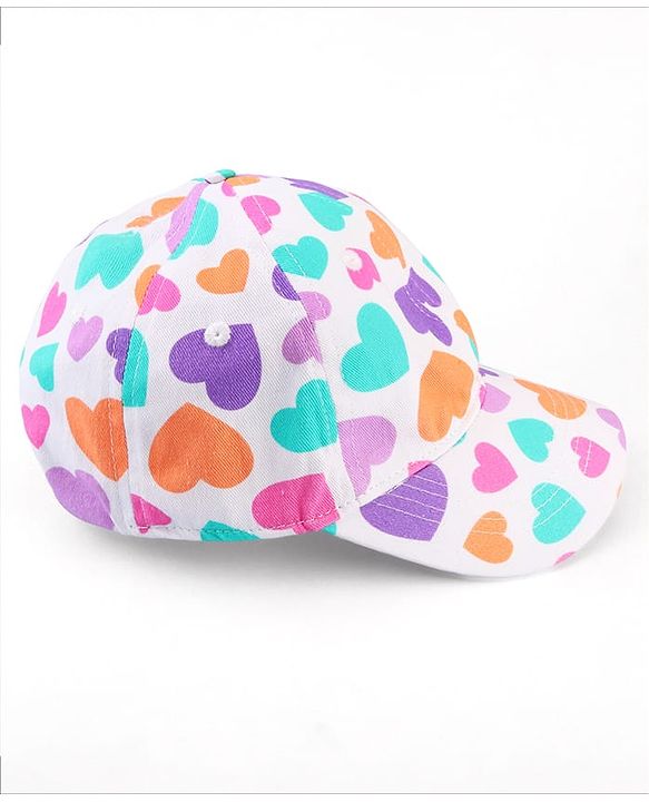 Babyhug Cotton Woven Cap With Heart Print White - Diameter 17 cm
