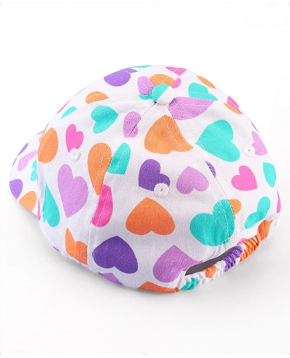 Babyhug Cotton Woven Cap With Heart Print White - Diameter 17 cm