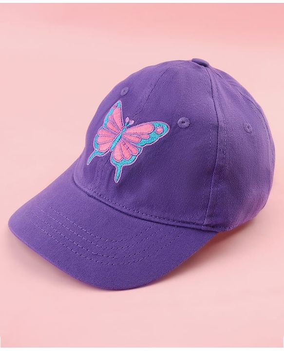 Babyhug Cotton Woven Cap With Butterfly Print Purple - Diameter 16
