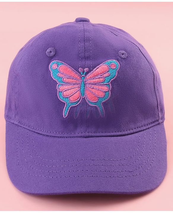 Babyhug Cotton Woven Cap With Butterfly Print Purple - Diameter 16