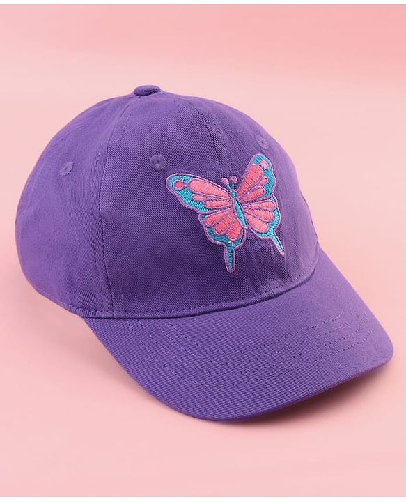 Babyhug Cotton Woven Cap With Butterfly Print Purple - Diameter 16