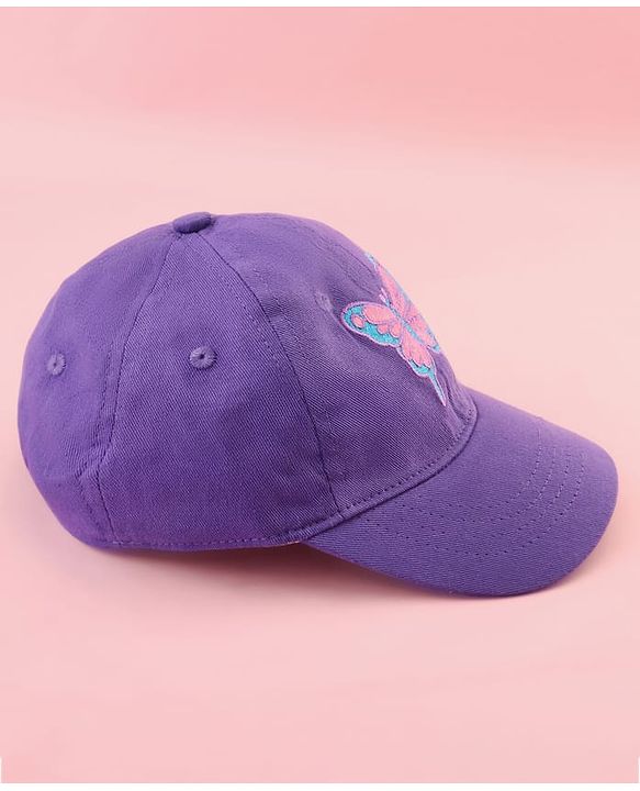 Babyhug Cotton Woven Cap With Butterfly Print Purple - Diameter 16