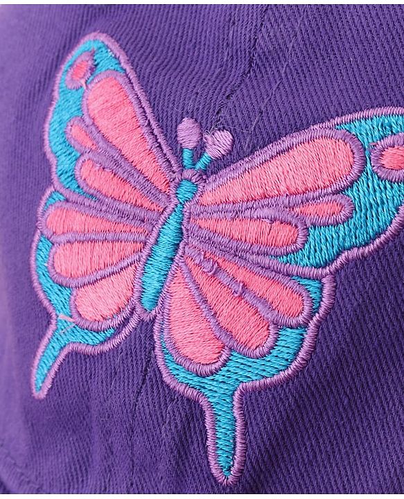 Babyhug Cotton Woven Cap With Butterfly Print Purple - Diameter 16