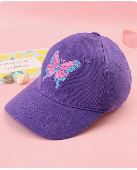 Babyhug Cotton Woven Cap With Butterfly Print Purple - Diameter 16