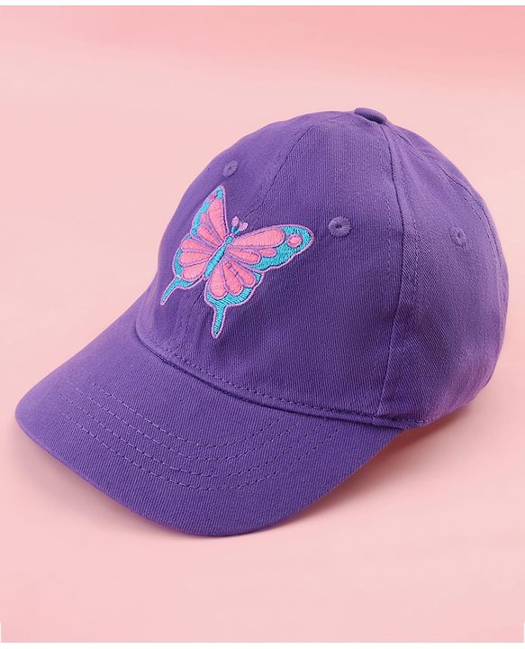 Babyhug Cotton Woven Cap With Butterfly Print Purple - Diameter 16