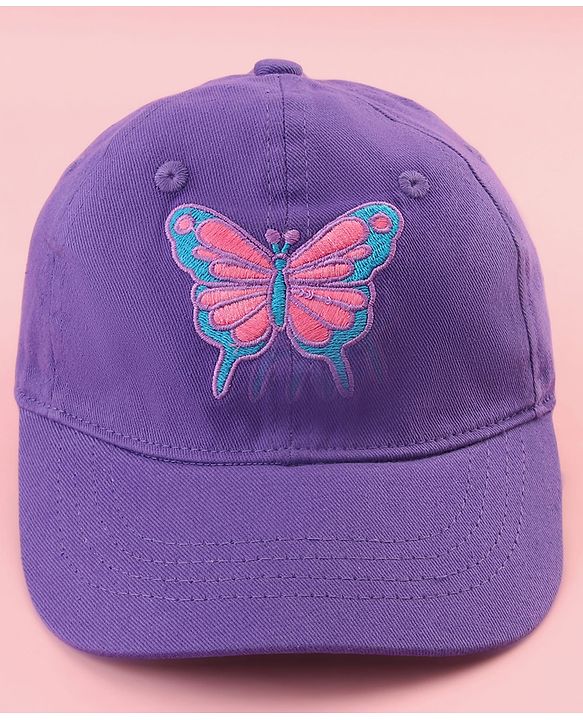 Babyhug Cotton Woven Cap With Butterfly Print Purple - Diameter 16