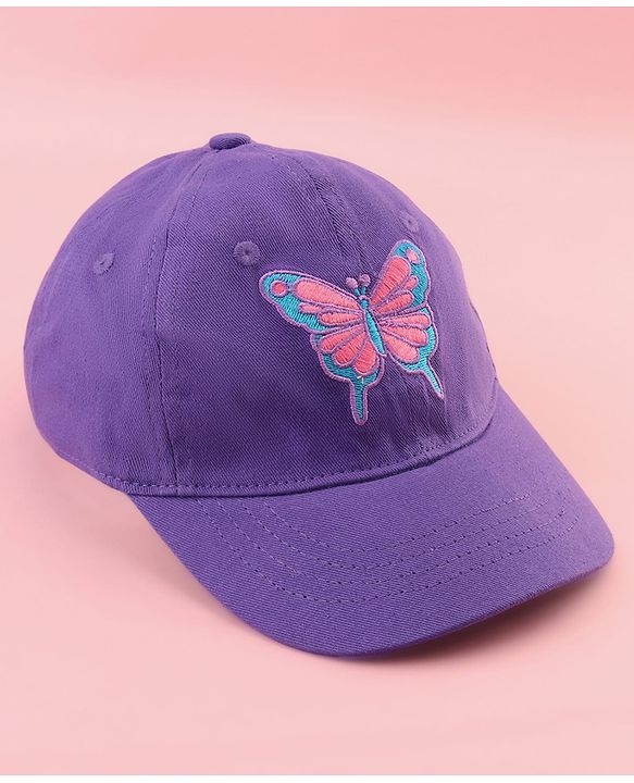 Babyhug Cotton Woven Cap With Butterfly Print Purple - Diameter 16