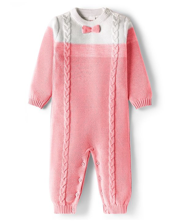 Babyhug Sweater Knit Full Sleeves Winter Wear Romper With Cable Knit Design & Bow Applique - Light Blue