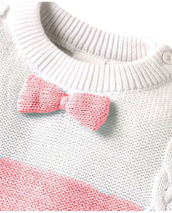 Babyhug Sweater Knit Full Sleeves Winter Wear Romper With Cable Knit Design & Bow Applique - Light Blue
