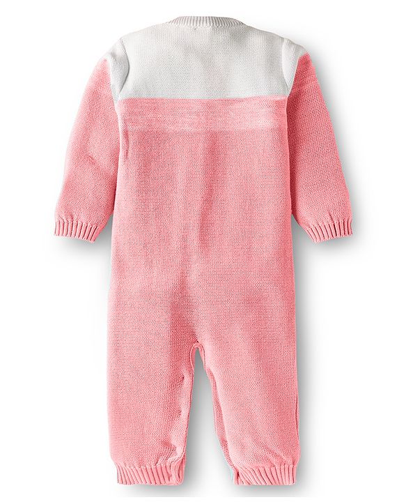 Babyhug Sweater Knit Full Sleeves Winter Wear Romper With Cable Knit Design & Bow Applique - Light Blue