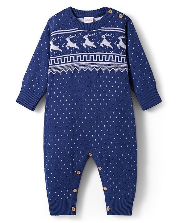 Babyhug Sweater Knit Full Sleeves Winter Wear Romper with Polka Dot & Fair Isle Design - Navy Blue