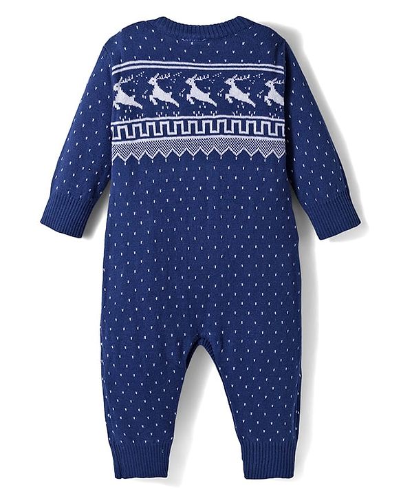 Babyhug Sweater Knit Full Sleeves Winter Wear Romper with Polka Dot & Fair Isle Design - Navy Blue