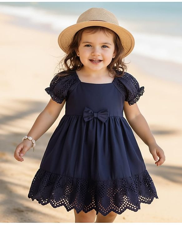 Babyhug Cotton Knit Half Sleeves Solid Coloured Frock With Lace Detailing & Bow Applique - Navy Blue