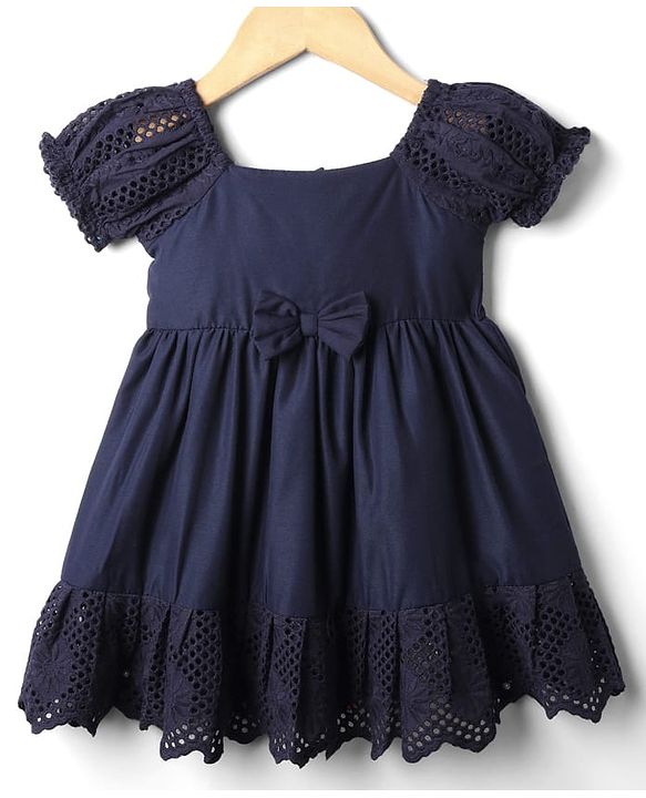 Babyhug Cotton Knit Half Sleeves Solid Coloured Frock With Lace Detailing & Bow Applique - Navy Blue